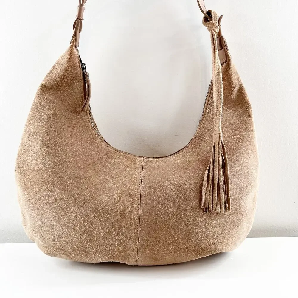Genicci Leather Suede Shoulder Hobo Bag Purse Camel Tan Brown - Picture 2 of 10